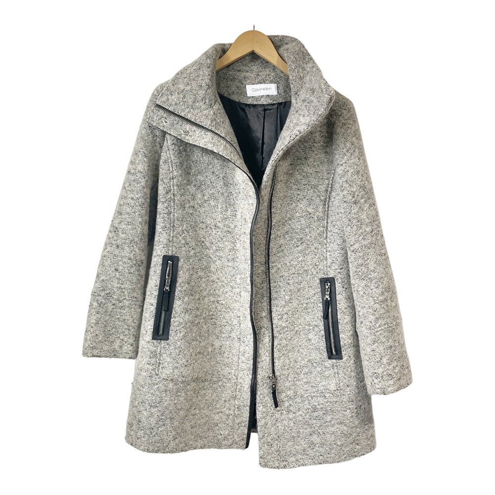 Calvin Klein Women's Faux-Leather-Trim Bouclé Long  Coat Jacket Medium Gray